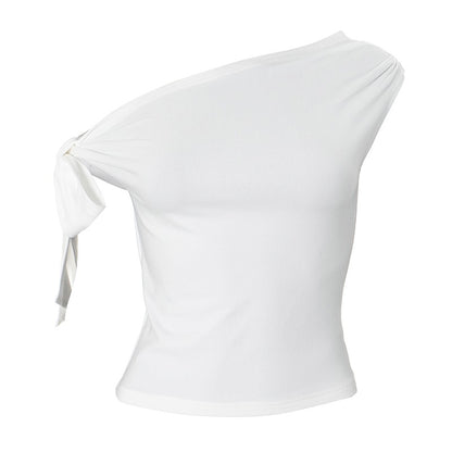 CUTENOVA 2024 Women'S Summer Ins Style New Shrink Pleated One-Shoulder Crop Top Backless Twist Tie Asymmetric T-Shirt Casual Top