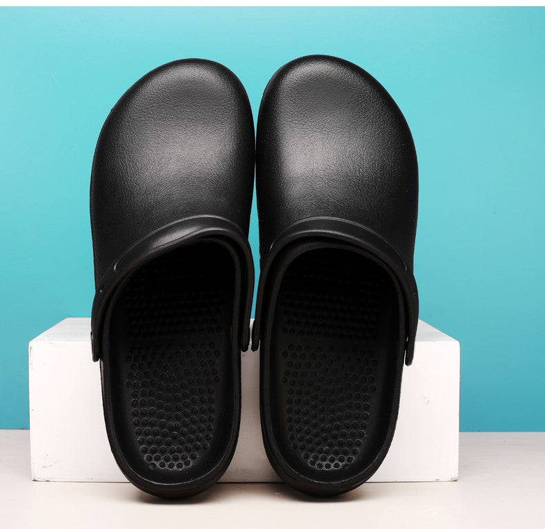 Pure Black Anti Skid Rubber Sandals Chef Shoes Kitchen Cook Waterproof Garden Shoes Clogs Without Holes Plus Big Size 47 48 49