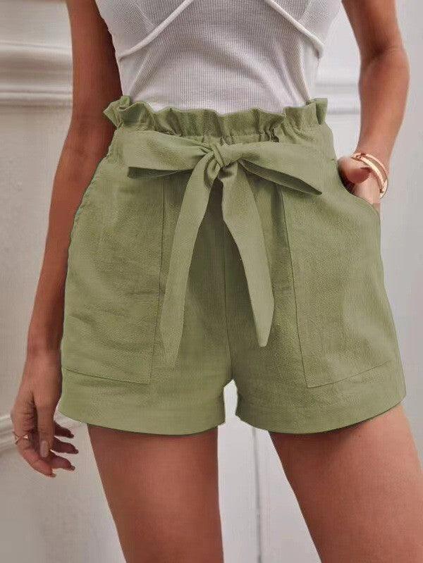 Europe and America Cross border New Summer Women's Loose Linen Casual Shorts Pockets Solid Large High Waist Wide Leg Pants