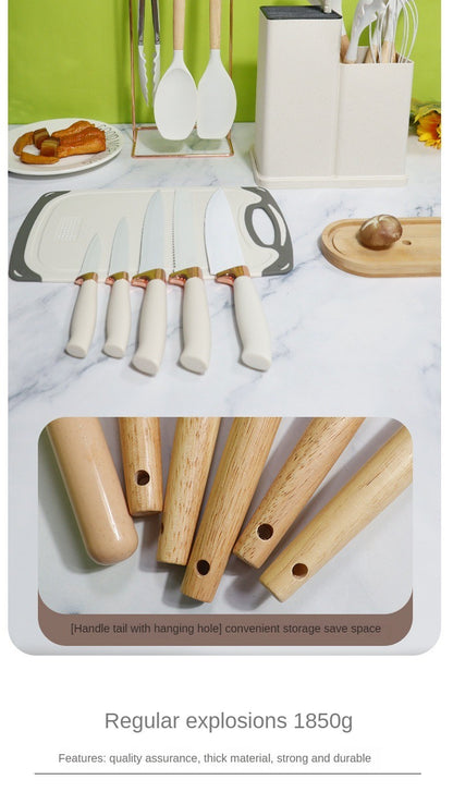 Conjunto de utensílios de cozinha de silicone, 19 peças com cabo de madeira, espátula, panela antiaderente e balde de armazenamento de facas multiuso integrado