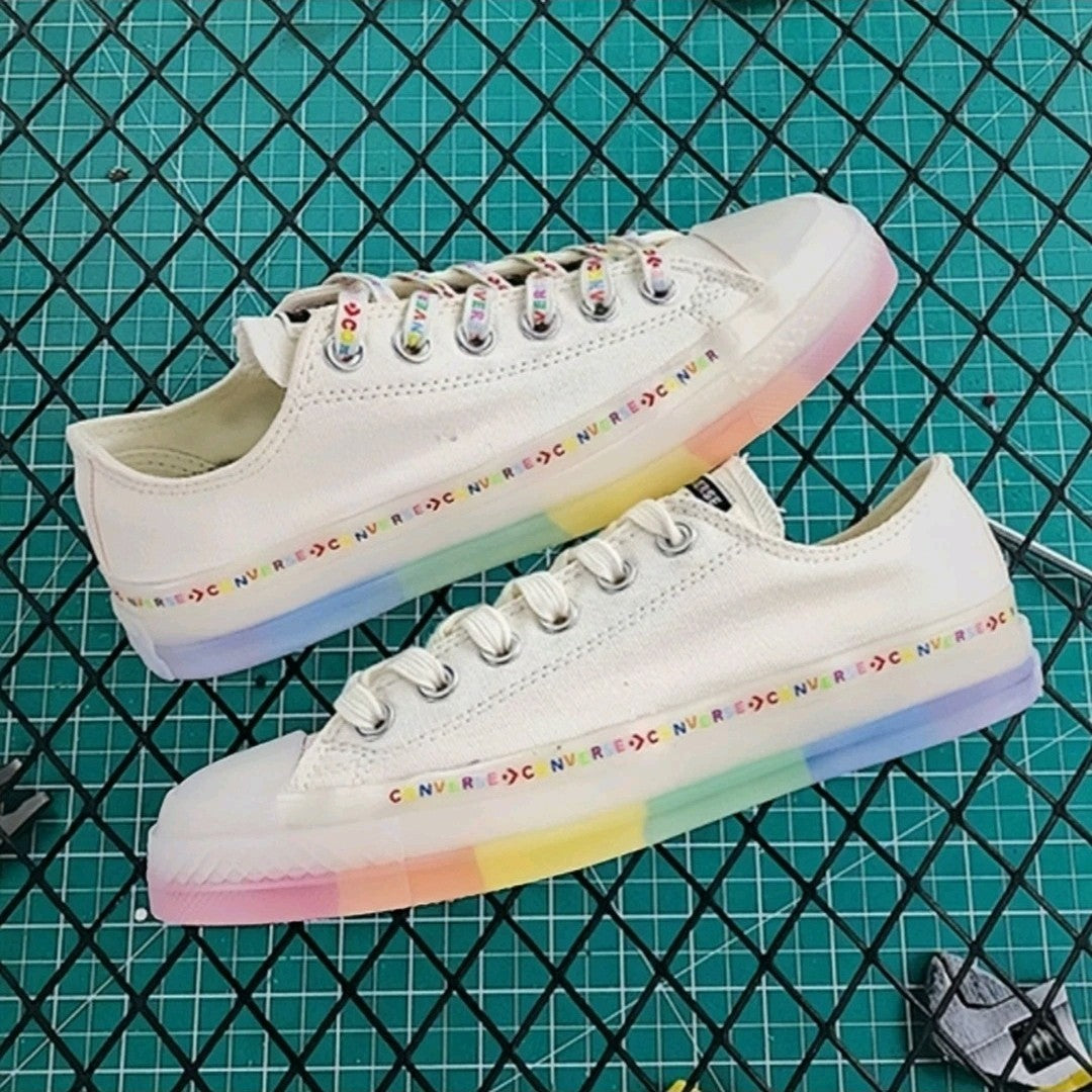 Converse Chuck Taylor All Star Men's and Women's Skateboarding Shoes, Outdoor, Breathable Sneakers, White/Rainbow Colors