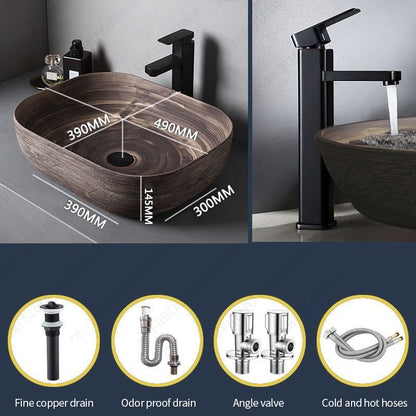Cuba de Cerâmica Marrom para Lavatório de Banheiro Oval Artística para Mesa de Banheiro, Bacia de Lavar Roupa para Varanda, Bacia de Pedestal Acima do Balcão