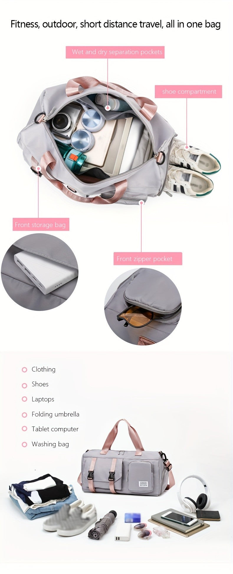 Women's Durable Nylon Sports Gym Bag with Shoe Compartment - Multifunctional Fitness Duffle for Yoga, Travel & Weekend Trips
