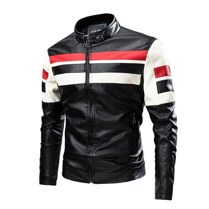 2025 New Color Blocked Stand Up Collar PU Leather Motorcycle Bike Jackets for Men,multi-color Spring Autumn  Thin Casual PU Coat