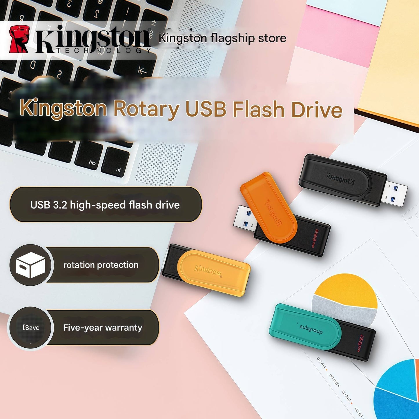 Kingston 128GB USB 3.2 Flash Drive (DTXS) - Colorful and Portable, Suitable for Studying, Office Work, Bidding, and Computer Use