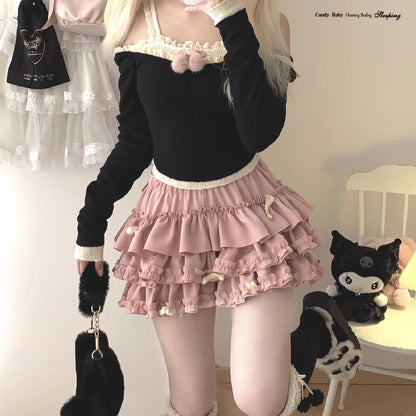 Y2K Sweet Ruffles Mini Skirt Women Kawaii Lolita Bow A Line Skirts Harajuku Japanese Cute High Waist Pink Blue Cake Skirt