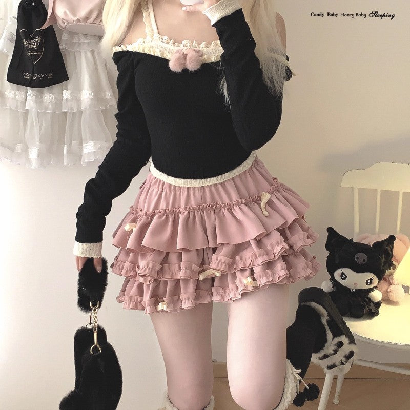 Y2K Sweet Ruffles Mini Skirt Women Kawaii Lolita Bow A Line Skirts Harajuku Japanese Cute High Waist Pink Blue Cake Skirt