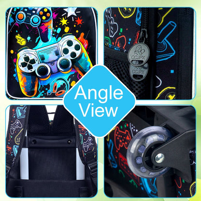 Mochila de Rodinhas para Meninos, 3 PEÇAS Bolsa Escolar com Rodas para Crianças com Lancheira - Game Console