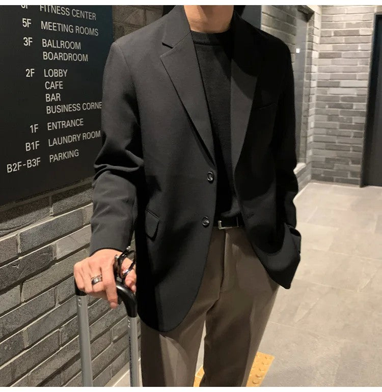 Korean Men's Casual Blazer Western-style Loose-fit Black Single-breasted Jacket Autumn Trendy Dongdaemun Style Clothes