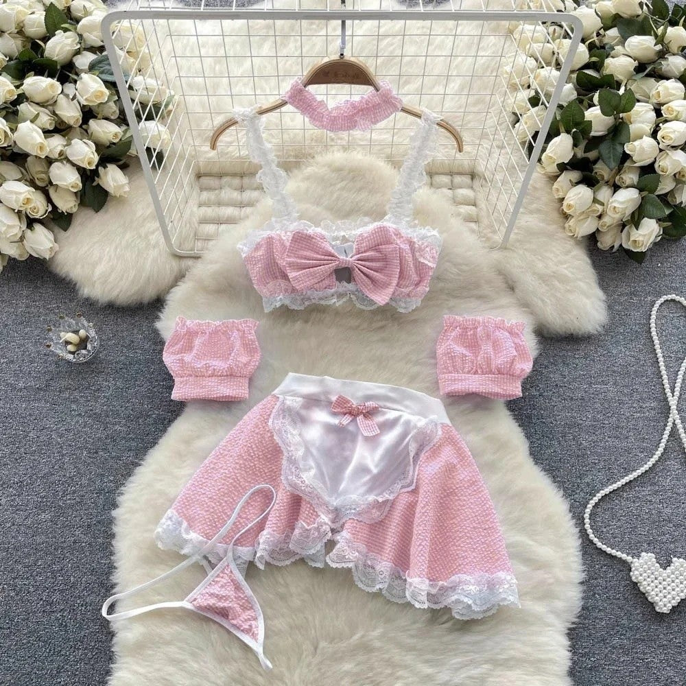 Bunny Complete Maid Cosplay Costume Set Ruffle Cosplay Vacation Halloween Outfit Halter Dress Set Outfit Costume Play Occasions