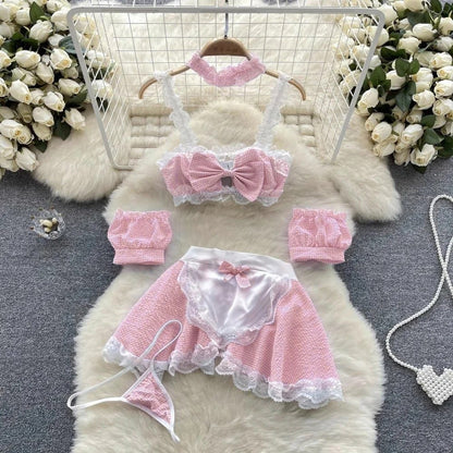 Bunny Complete Maid Cosplay Costume Set Ruffle Cosplay Vacation Halloween Outfit Halter Dress Set Outfit Costume Play Occasions