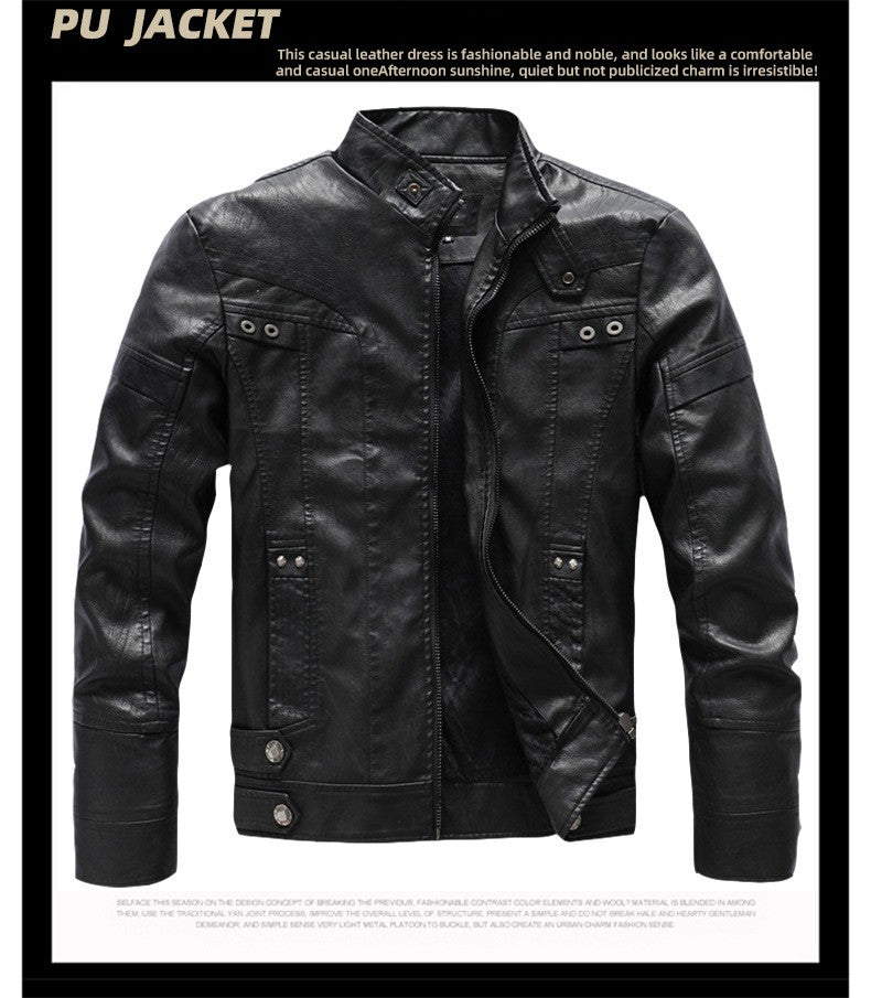 Autumn Winter New Fashion Men's Solid Color Simple Basic Casual Trendy Stand Collar Zipper Faux Leather Coats Male Jackets Tops
