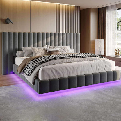 Estrutura de Cama Queen com Luzes LED e Cabeceira Estofada Grande, Plataforma Moderna de Veludo com Design Flutuante, Sem Box