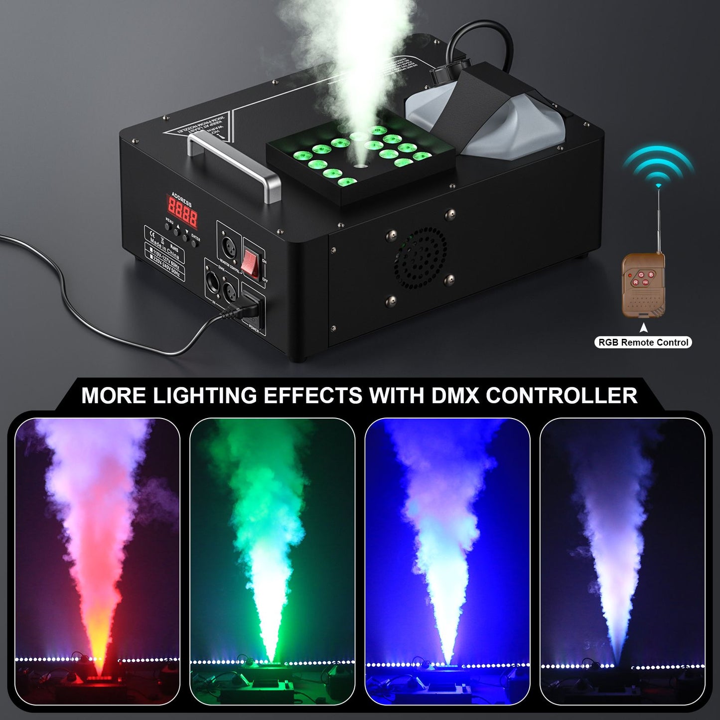 U'King 1500w Fog Machine RGB 3IN1 24LED Vertical Smoke Machine Stage Lighting  Spray Fogger For Halloween Wedding Disco Party