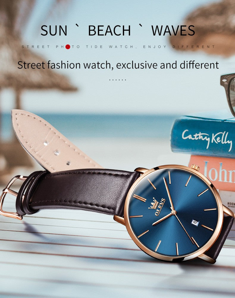 OLEVS 5869 Watch Man Casual Fashion Original Quartz Watch Waterproof Luminous Leather Strap Watches For Men Thin Watch Dial