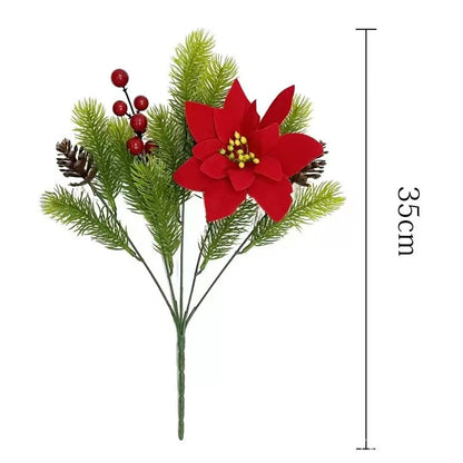 5Pcs 36cm Christmas Poinsettia Picks, Velvet Red Floral Stems with Pine Berries Pine Cones, Fake Xmas Flowers for Vase Table Decoration