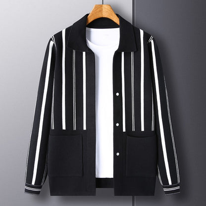 Knitted Cardigan Men's Minimalist Black and White Sweater Autumn and Winter New Slim Fit Sweater Youth Striped Jacket