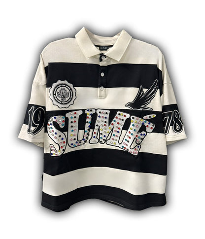 Sume New Retro Men Hip Hop Klein Stone Embroidery Stripe Polo Shirt Y2K Fashion Classic Lapel Neck Shirt Short Sleeves T shirt