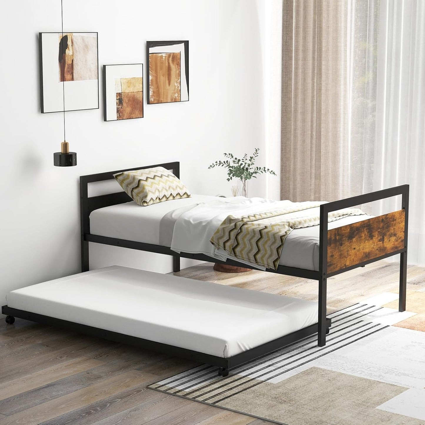 Daybed de Metal com Cama Auxiliar, Cama Auxiliar de Solteiro com Suporte de Metal e Cabeceira de Madeira Rústica, Cama de Dia Economizadora de Espaço