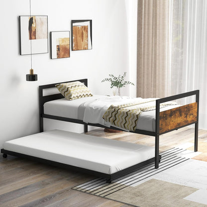 Daybed de Metal com Cama Auxiliar, Cama Auxiliar de Solteiro com Suporte de Metal e Cabeceira de Madeira Rústica, Cama de Dia Economizadora de Espaço