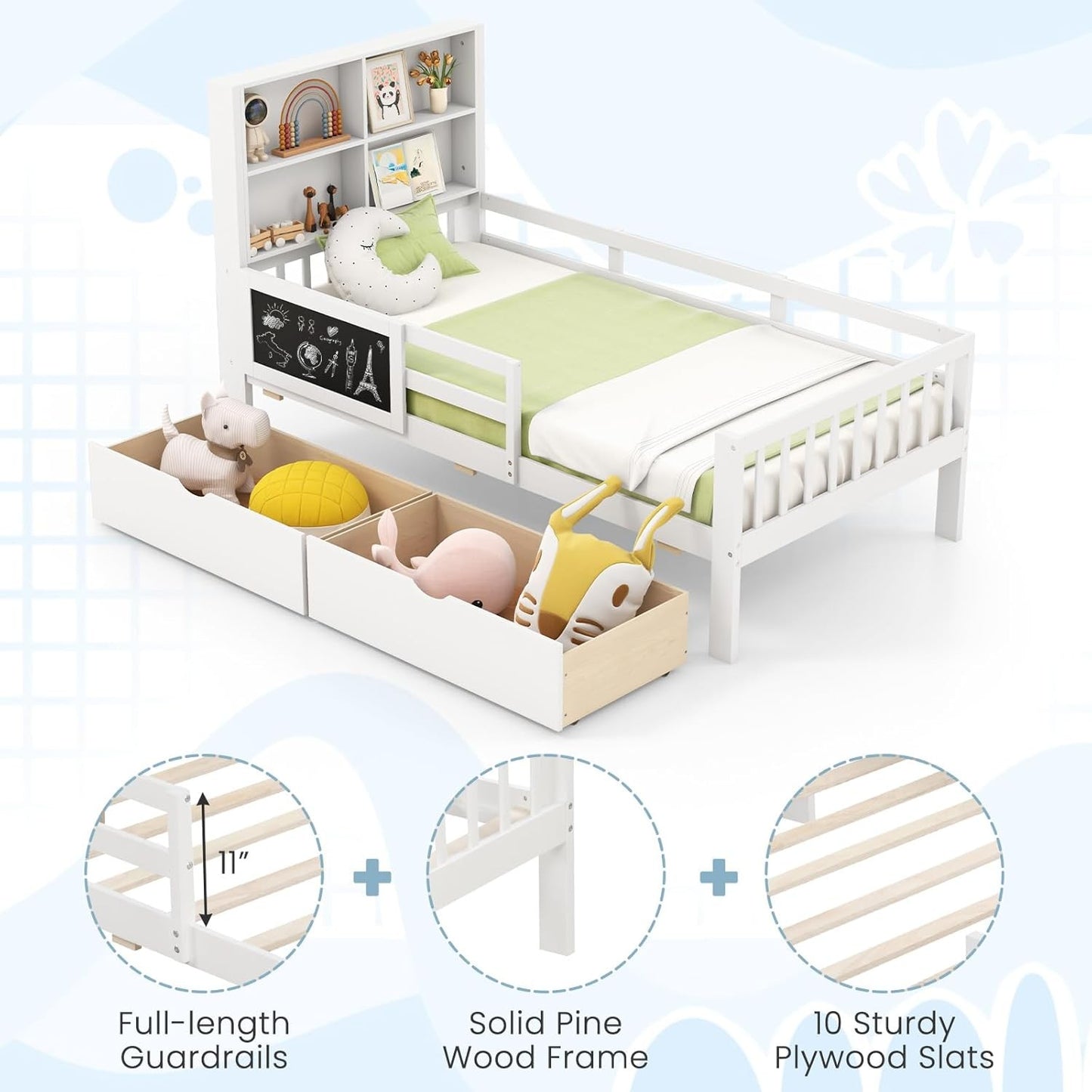 Twin Bed with 2 Storage Drawers, Solid Wood Kids Bed Frame w/Bookcase Headboard & Blackboard, Full-Length Guardrails & W