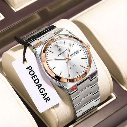 POEDAGAR Fashion Classic Man Watch Waterproof Luminous Date Week Luxury Men Watch Stainless Steel Quartz Business Men's Watches