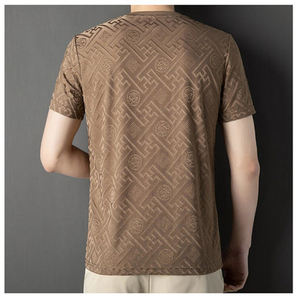 2024 Summer Ice Silk Men's Jacquard Short Sleeve T-shirt High end Brand Fashion Jacquard Cool Breathable Casual Round Neck Top