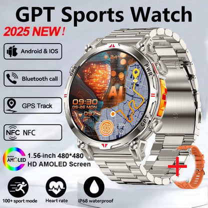 Smartwatch Esportivo 2025 com GPS, GPT, AMOLED de 1,56 polegadas, 488*488, Monitoramento de Frequência Cardíaca, Oxigênio no Sangue e Pressão Arterial, 3ATM