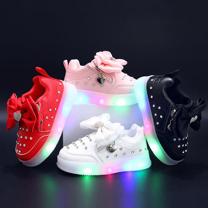 Spring Kids Shoes New Fashion Breathable Sneakers Kids Soft Non Slip Casual Girls Shoe LED Light Cute Versatile Princess Shoe