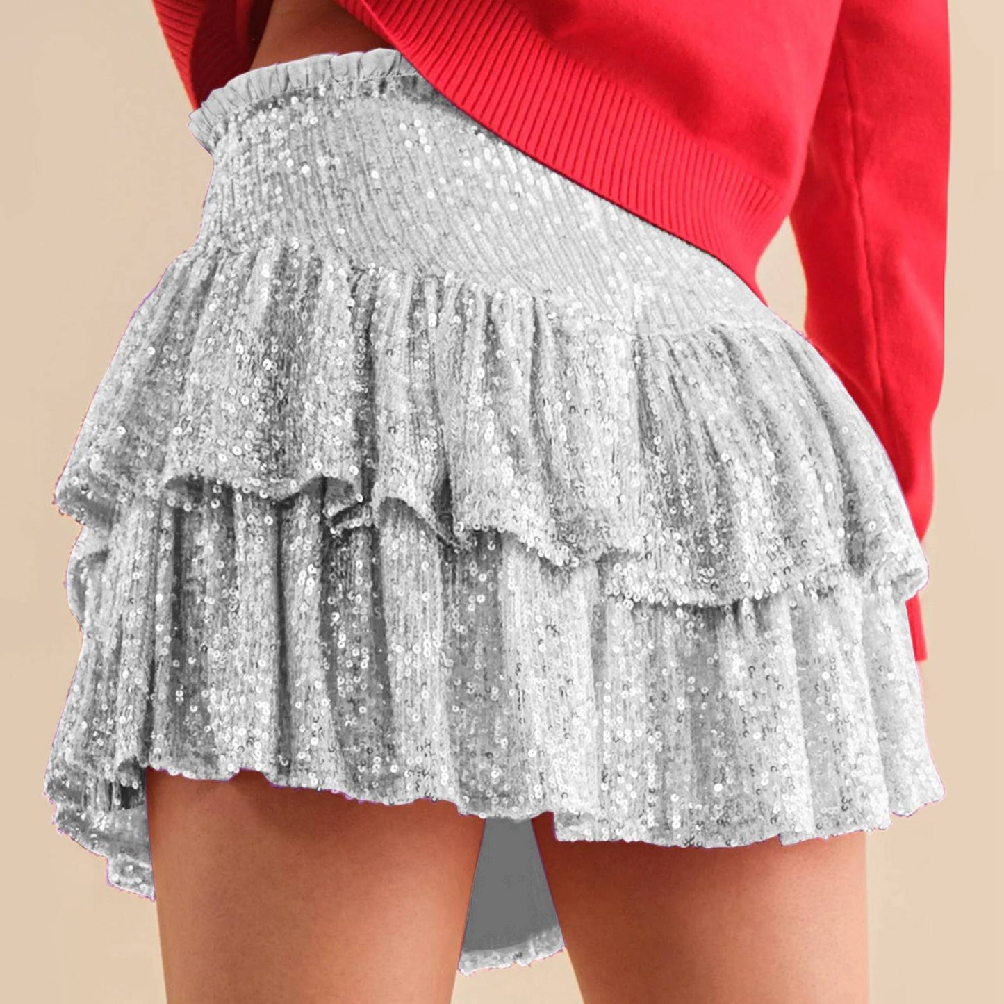 Women's Fashion Short Skirt Solid Pleated High Waist Skirts Classic Sequins Dance Party Sexy All-Match Skirts Plus Size L-3XL