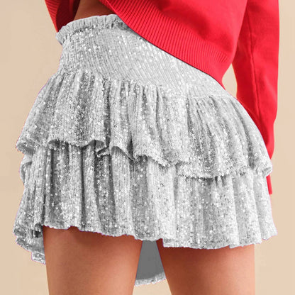 Women's Fashion Short Skirt Solid Pleated High Waist Skirts Classic Sequins Dance Party Sexy All-Match Skirts Plus Size L-3XL