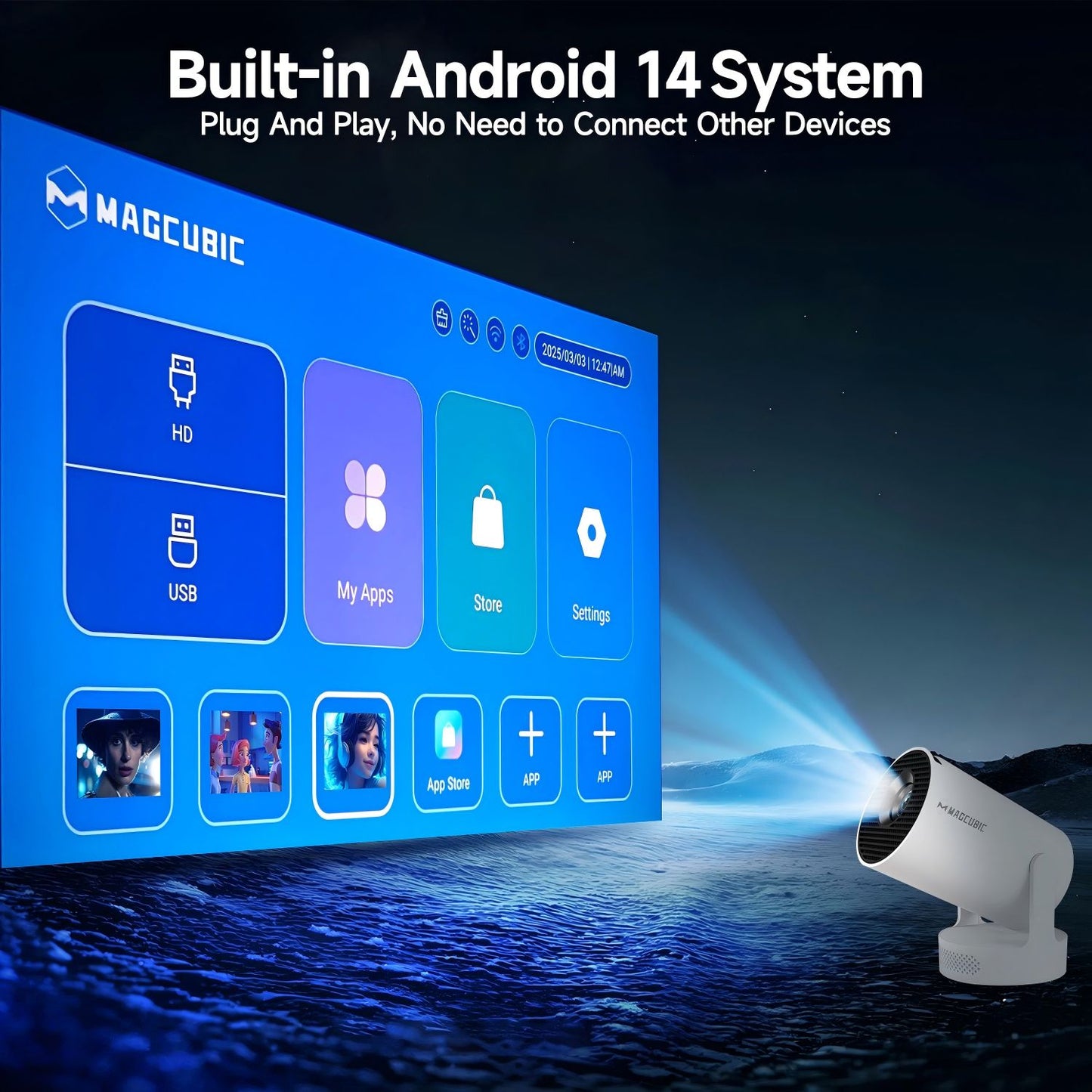 Projetor Magcubic HY300 Pro+ Android 14 8000 Lúmens 720P Portátil para Filmes ao Ar Livre com Alto-falante de 5W WiFi6 BT5.4 HY300 Atualizado