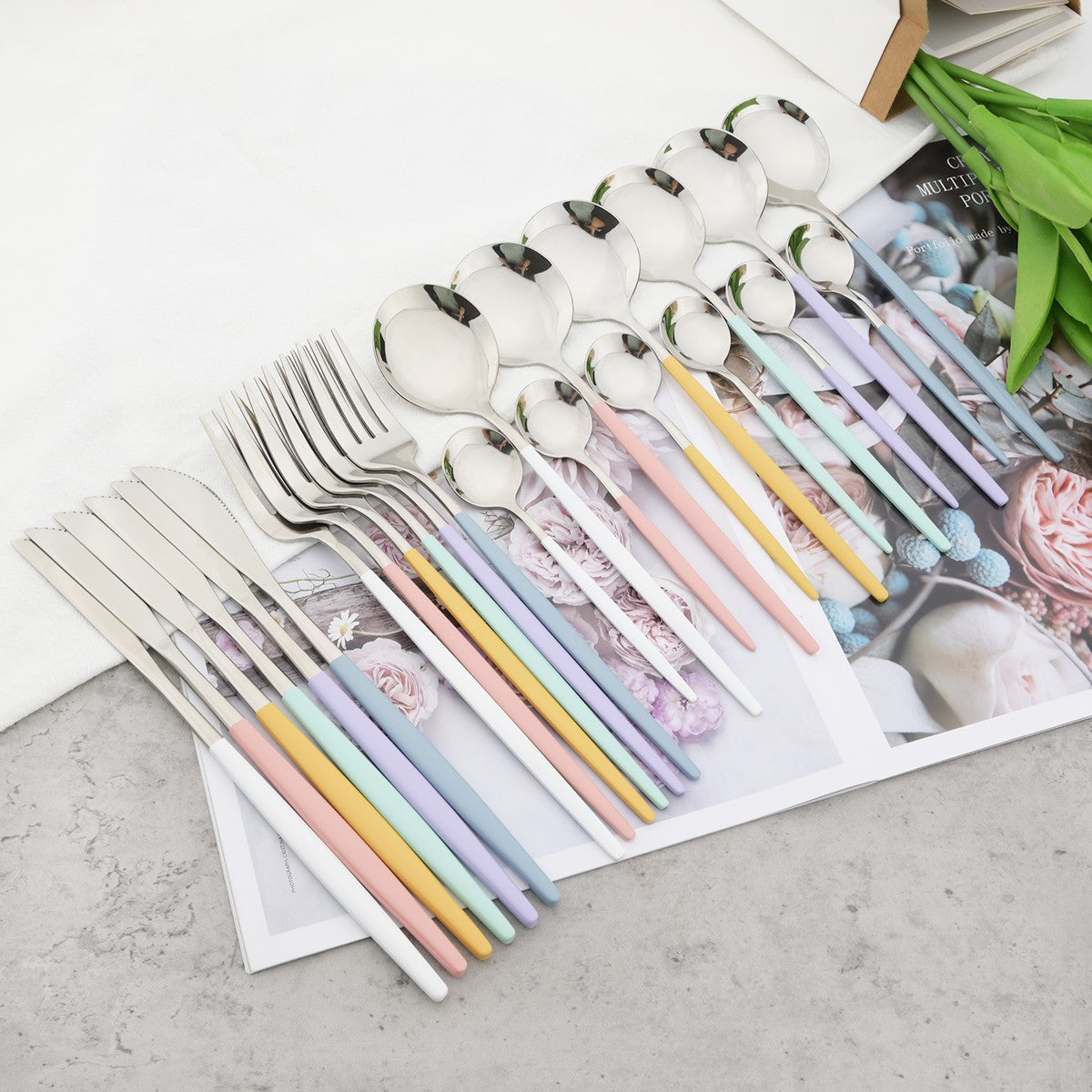 24Pcs Dinnerware Set Stainless Steel Tableware Knife Fork Tea Spoon Cutlery Set Multiple Colour Silverware Kitchen Flatware Set