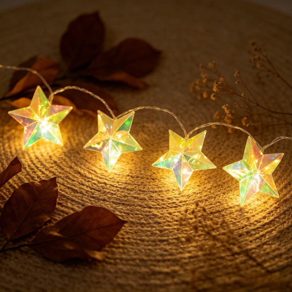 Iridescent 3D Prism Star LED String Lights, Battery Powered Fairy Lights for Indoor Bedroom, Wedding, Window & Home Party Decor