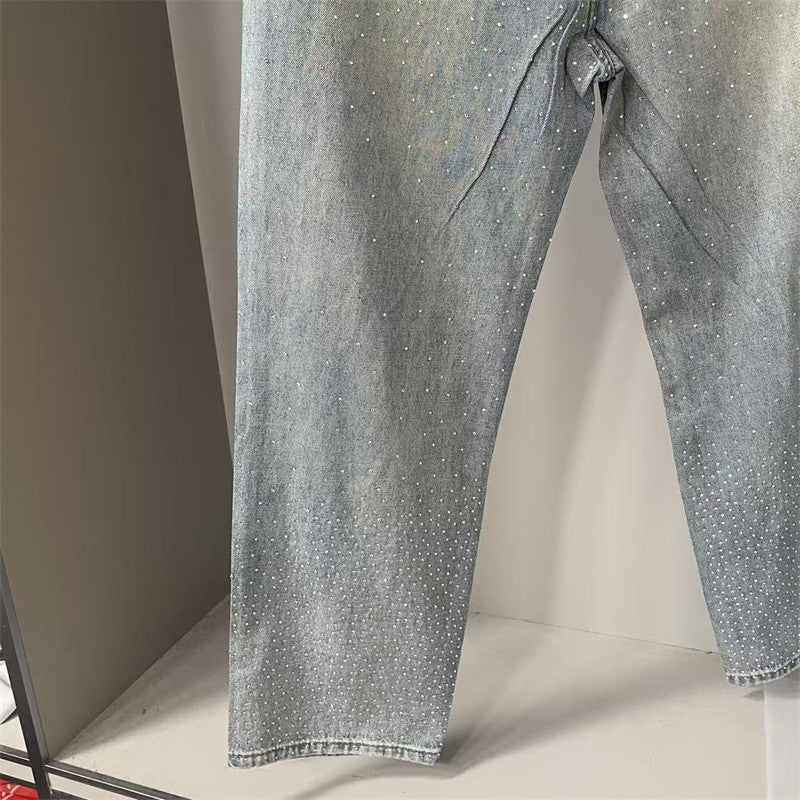Calça Jeans Masculina Blue Washed MIXED EMOTION Hot Drill Letter Retrô Americana Calça Jeans Feminina Mixed Emotion
