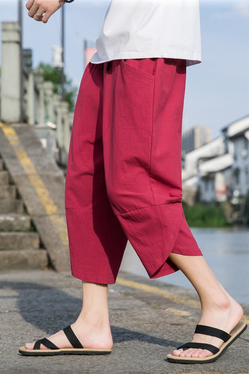 M-5XL Summer New 100% Cotton Loose Cropped Pants Solid Color Casual Elastic Waist Curved Leg Japanese Pants