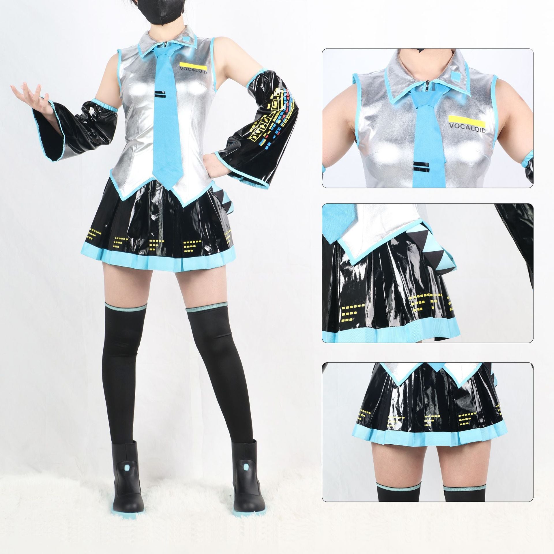 Miku Cosplay Costume Full Set Silver Leather Fabric Suit Miku Cosplay Headwear Costume Outfit JK Sailor Dress School Uniform