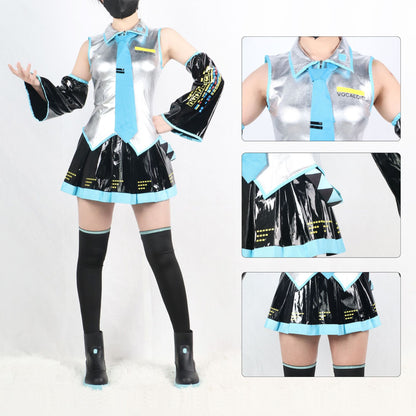 Miku Cosplay Costume Full Set Silver Leather Fabric Suit Miku Cosplay Headwear Costume Outfit JK Sailor Dress School Uniform