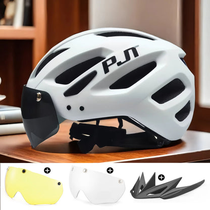 PJT Adult Bike Helmet With Rechargeable LED Rear Light Dual Mode Goggle Cycling Helmet MTB Lightweight Breathable Bicycle Helmet