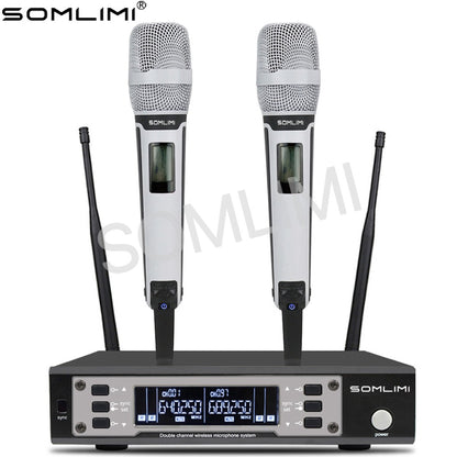 SOMLIMI EW135G4 Sistema de Microfone Sem Fio Duplo UHF Profissional para Palco Desempenho Dinâmico de Longa Distância Metal Portátil