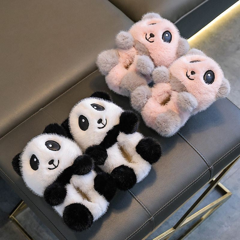 Cute panda children's slippers girls indoor slip on shoes, 2025 cartoon animal fur slippers house children flip flops