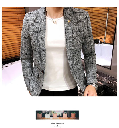 2025 New Men's Casual Plaid Suit Jacket Male Linen Plaid Business Self-cultivation Wedding Dress Party Suit Coat Plus Size S-5XL