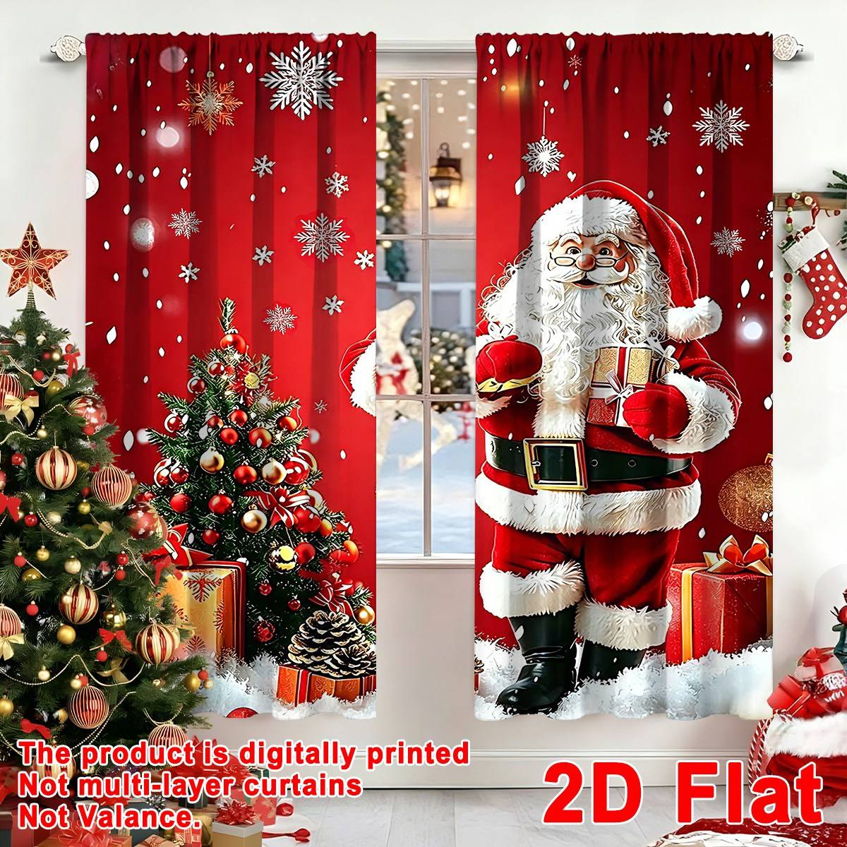 2pcs Merry Christmas Curtains Santa Xmas Tree Design 60*150cm Polyester Window Drapes for Home Bedroom Decor Festive Supplies