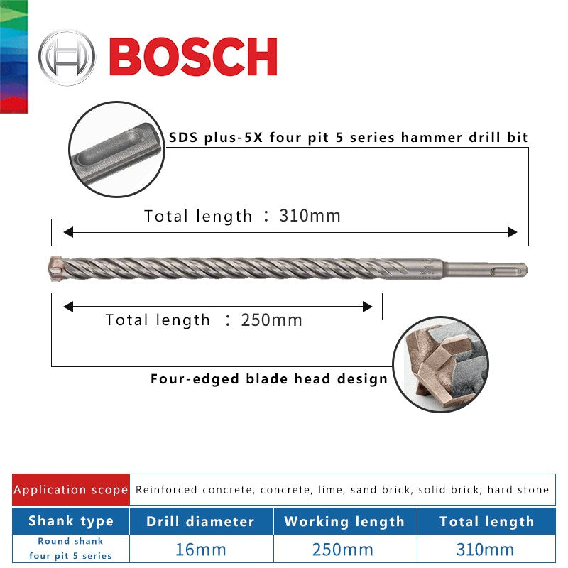 BOSCH Broca para Concreto e Madeira para Martelo Elétrico de Quatro Furos e Duas Ranhuras, de Duas Pontas, Série 5, com Haste Redonda