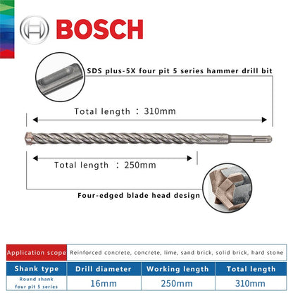 BOSCH Broca para Concreto e Madeira para Martelo Elétrico de Quatro Furos e Duas Ranhuras, de Duas Pontas, Série 5, com Haste Redonda