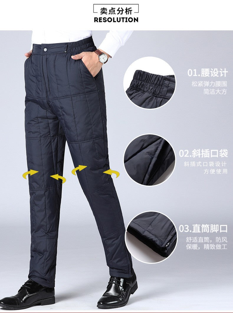 Inverno Masculino Calça de Pato Branco Cintura Alta Engrossada Quente Corta-Vento Térmica Calças para Homem de Meia-Idade PT-593