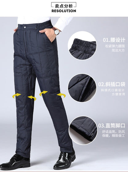 Inverno Masculino Calça de Pato Branco Cintura Alta Engrossada Quente Corta-Vento Térmica Calças para Homem de Meia-Idade PT-593