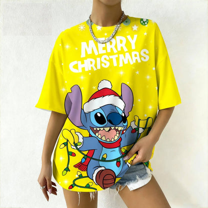 Women's Disney Stitch Christmas Tee Summer Oversized Short Sleeve Top Streetwear Daily Fashion & Trendy Outfits Casual T-Shirt