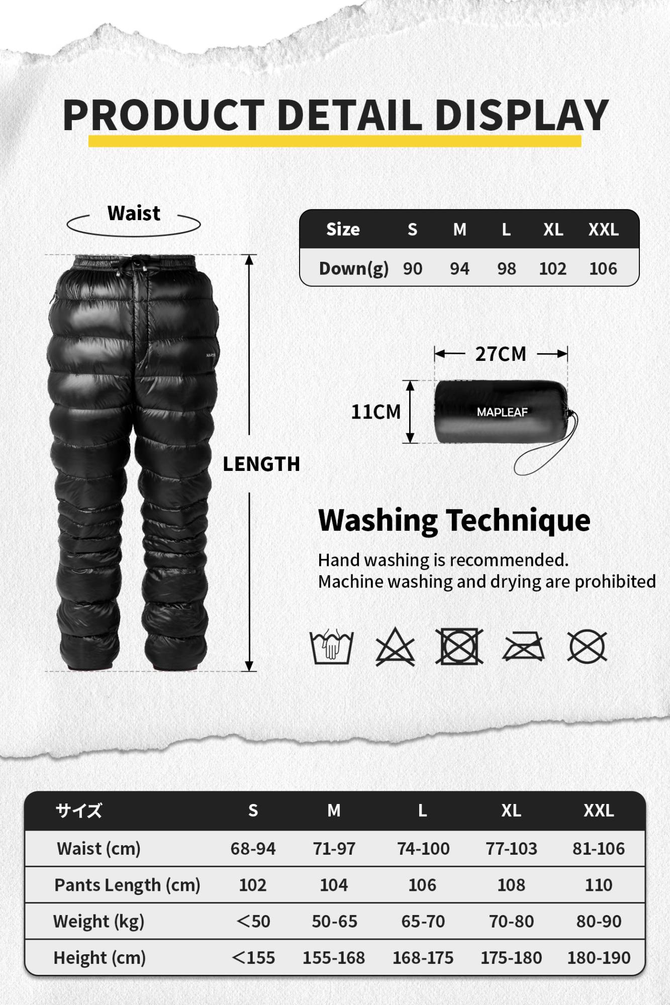 Calças de Inverno MAPLEAF Calças Ultraleves Quentes de Penas Calças de Caminhada à Prova de Vento Calças de Caminhada Impermeáveis 800FP Calças de Penas para Acampamento