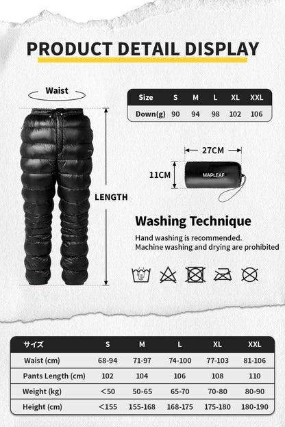 Calças de Inverno MAPLEAF Calças Ultraleves Quentes de Penas Calças de Caminhada à Prova de Vento Calças de Caminhada Impermeáveis 800FP Calças de Penas para Acampamento